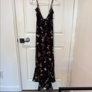 Anthropologie Maeve Floral Black Dress, ruffle front.